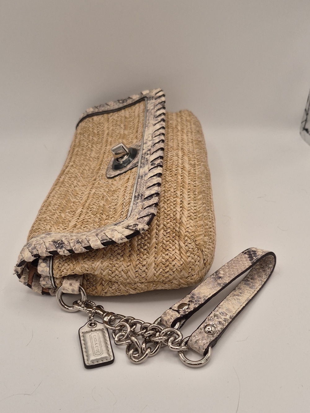 Coach Hampton Straw Clutch Wristlet Python Leather Trim Turnlock 47440 - Picture 2 of 12